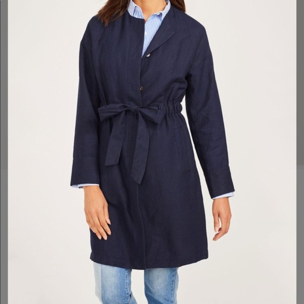 J McLaughlin ~ Navy Blue Linen Blend Sondra Tie Bow Long Coat in size Medium